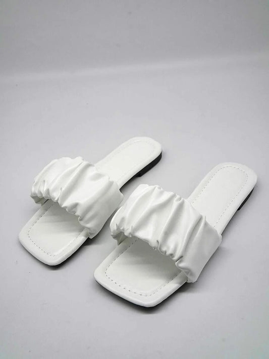 Women Ruched Detail Single Band Slide Sandals, Elegant Solid Minimalist Outdoor Flat Sandals