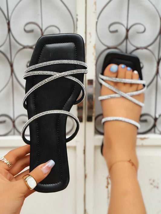 Women Rhinestone Decor Criss Cross Flat Sandals, Glamorous Plastic Slide Sandals For Summer